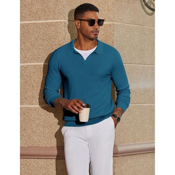 Men's Knit Polo Long Sleeve V-Neck Pullover Sweaters Collared Knitted Blue - Picture 3 of 6